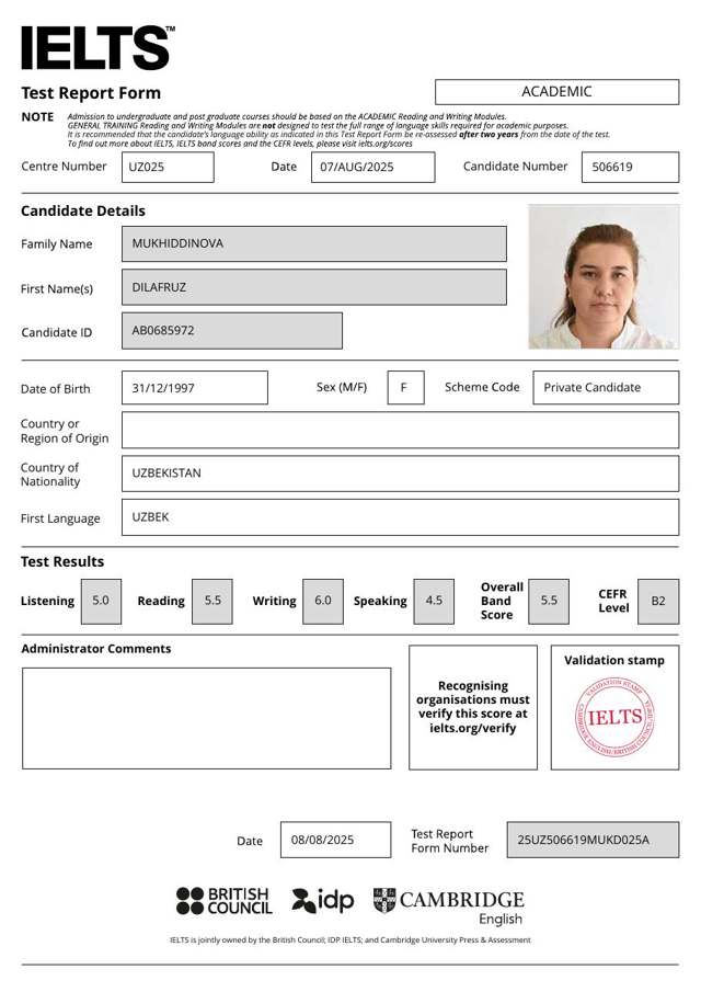 Muxiddinova Dilafruz — IELTS 5.5 · B2