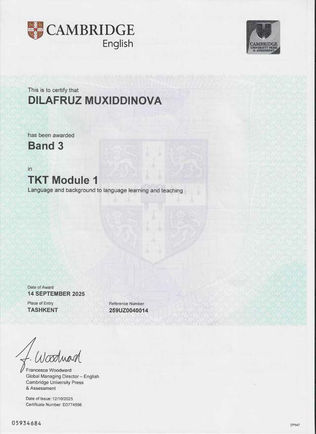 Muxiddinova Dilafruz — Cambridge · Band 3