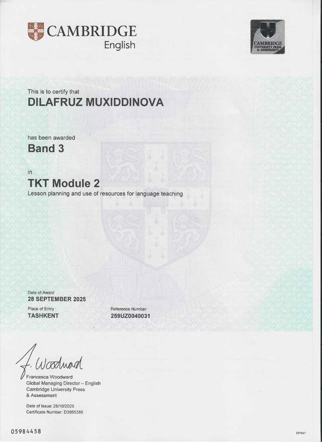Muxiddinova Dilafruz — Cambridge · Band 3