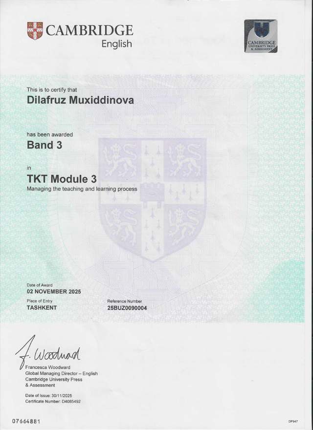 Muxiddinova Dilafruz — Cambridge · Band 3